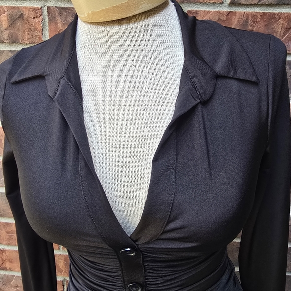 Windsor Dress Womens Small Black Ruched Button Front Bodycon Mini Long Sleeve - Picture 6 of 8